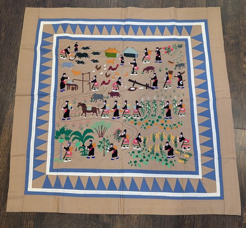 Vintage Hmong Story Cloth Hand-Embroidered People Farming w/Animals 34”x34” Mint