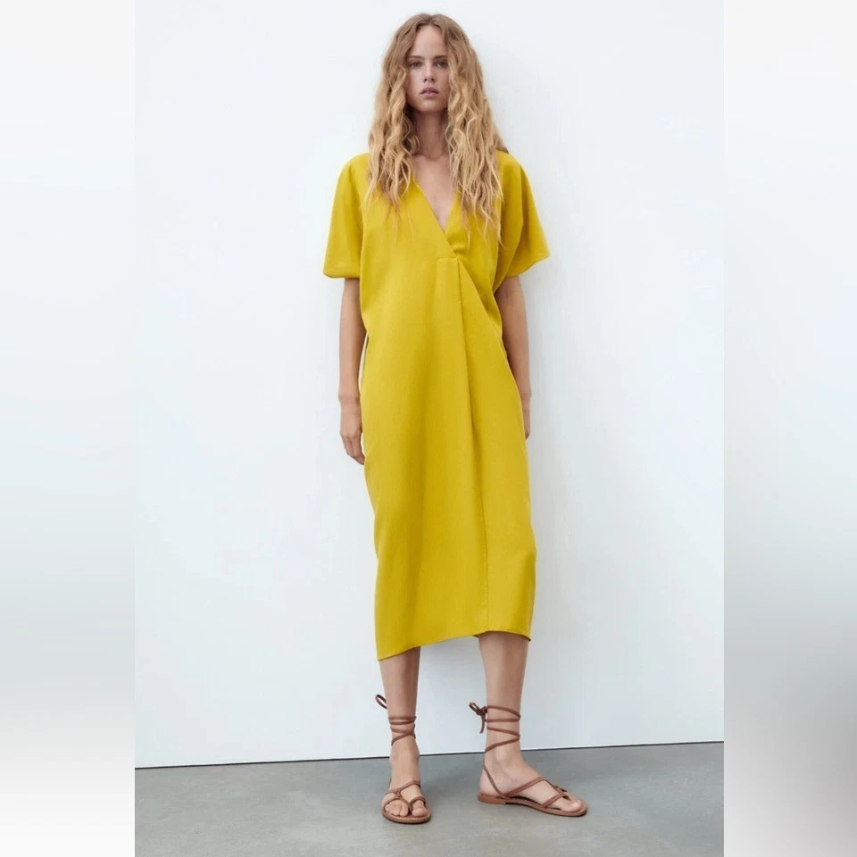 Vestido midi túnica caftán mezcla lino Zara Chartreuse para mujer XS Foto 4 de 4