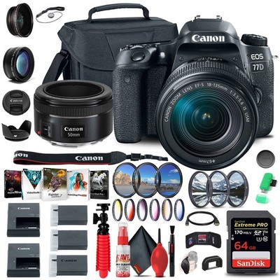Canon EOS 77D DSLR Camera with 18-135mm USM Lens (1892C002) + Canon EF 50mm Lens