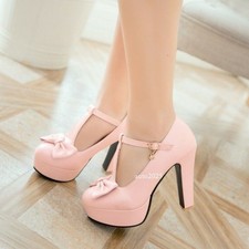 Scarpe decolte donna cinturino a T tacco alto a blocco punta tonda Mary Janes fibbia plateau