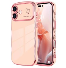 iPhone 16 Pro Case for Women, Cute Wave Frame Curly Shape Cases Pink /Hearts