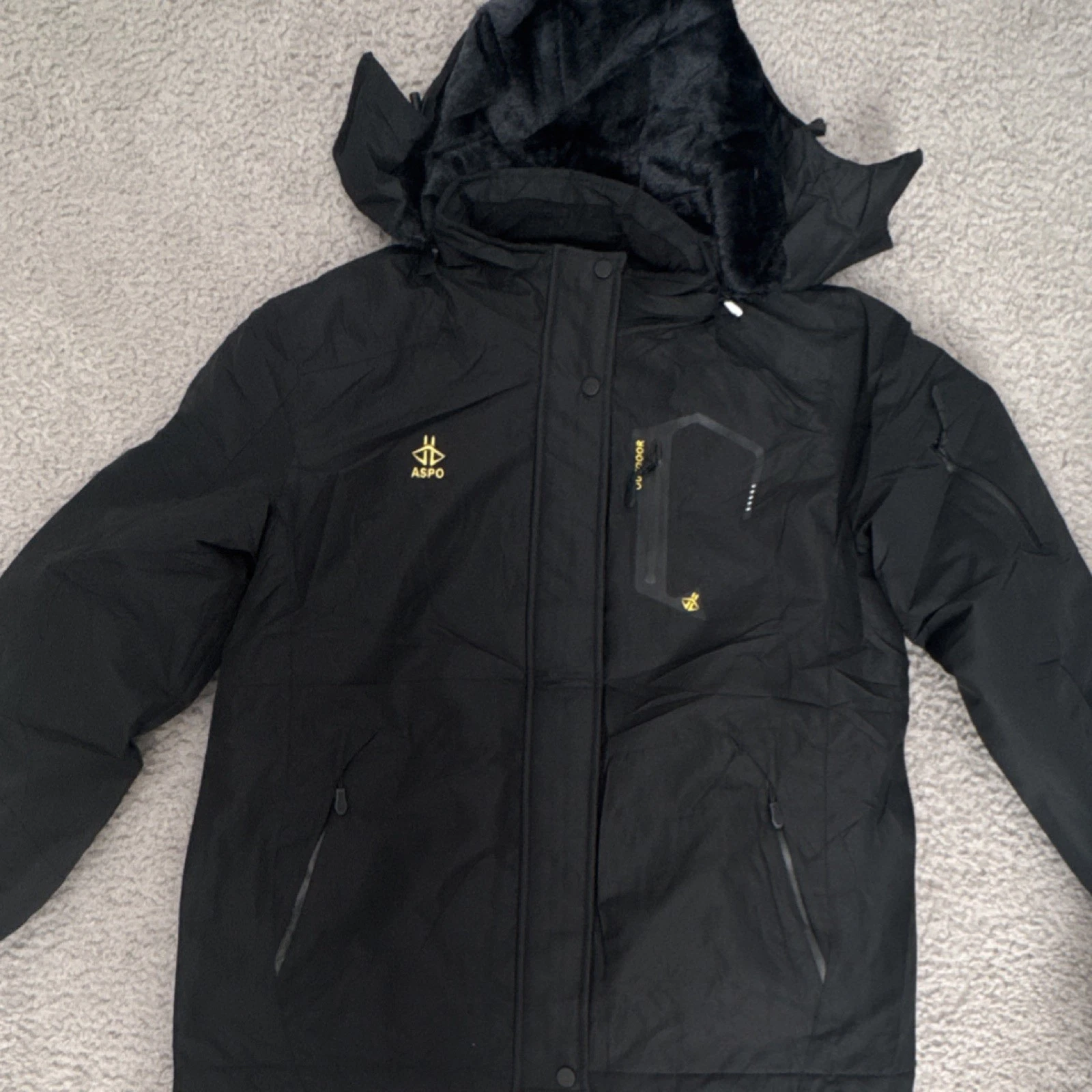 ASPO Black Waterproof Fleece Ski Jacket Removable Hood Unisex L