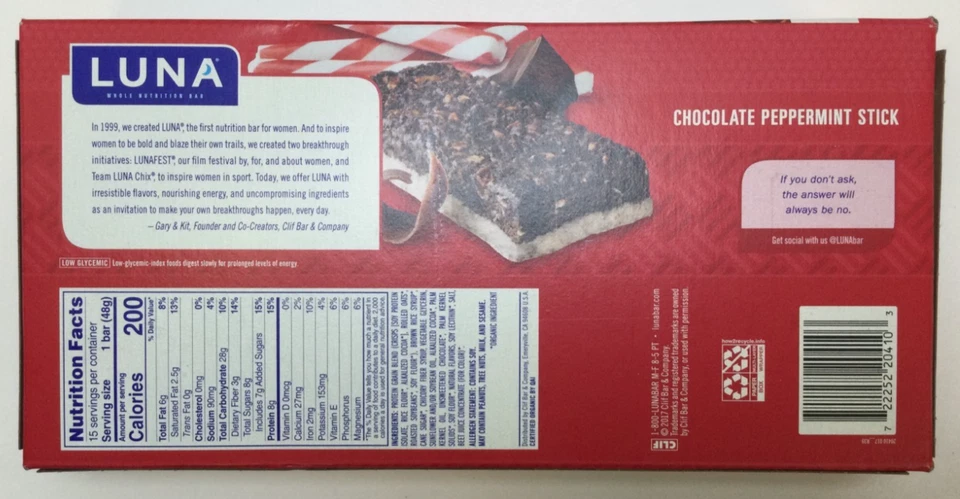 LUNA BAR Snack Bars, Sin Gluten, Chocolate Menta Stick, 18/11/2025 (15CT) Foto 4 de 4