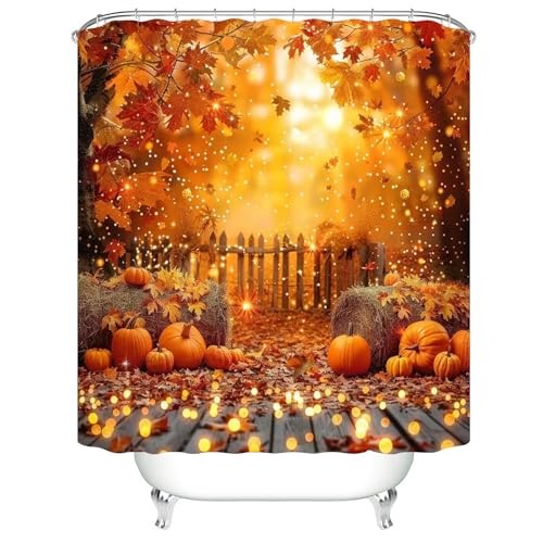 4PCS Fall Shower Curtain Bathroom Sets with Rugs, Toilet Lid Cover and Orange - Picture 3 of 8