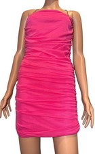 Forever 21 Women’s Shocking Pink Mesh Lined Strappy Ruched Bodycon Dress Sz M