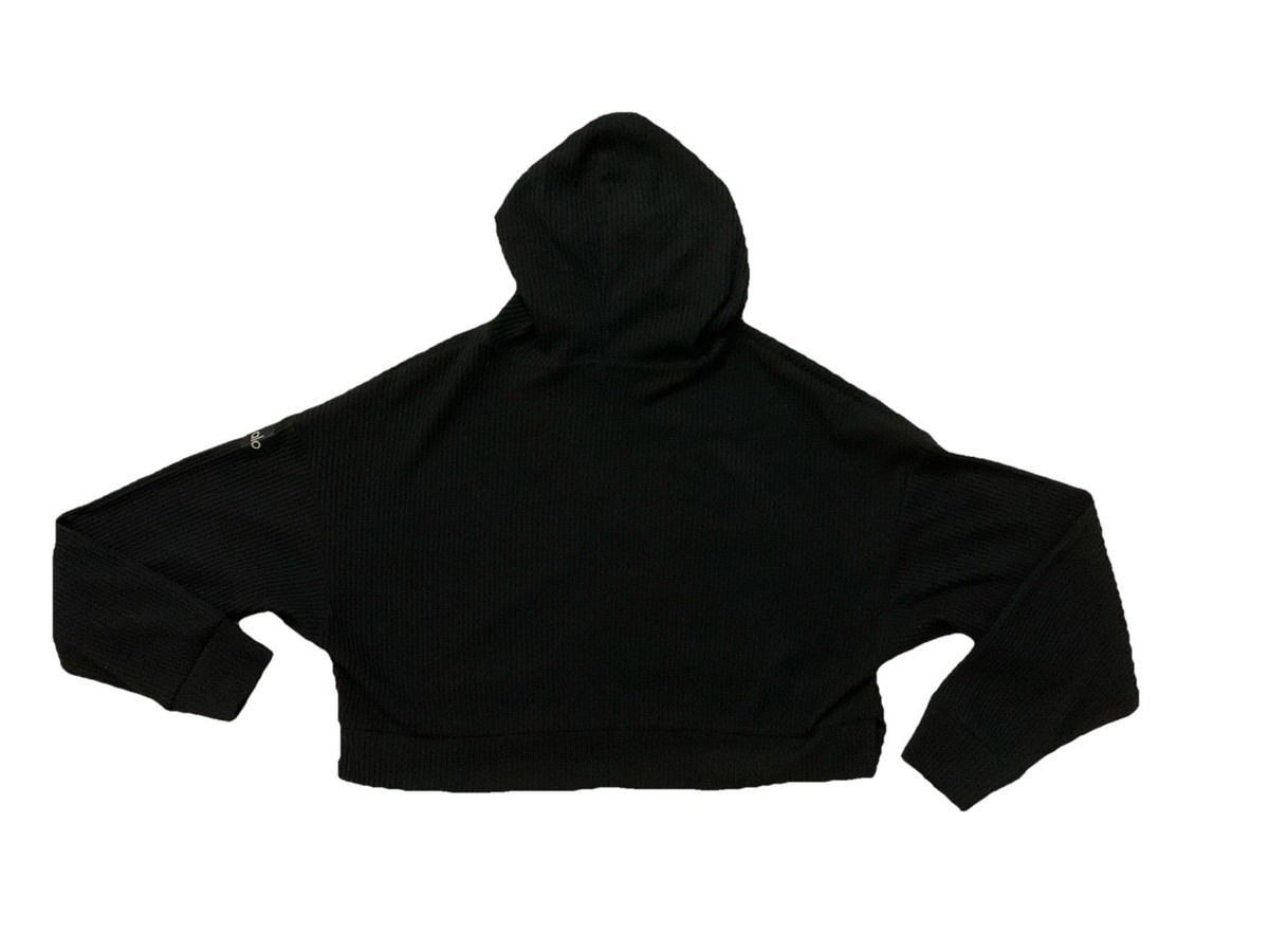 Alo Yoga Muse Cropped Black Hoodie Medium Ribbed Knit Pullover