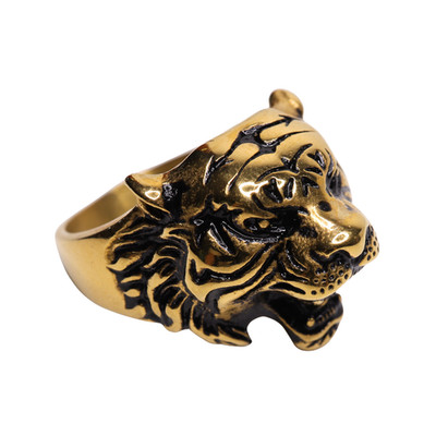 Gold Tone Punk Rock Biker Open Mouth Tiger Ring 1.5 Inches Size 13.5