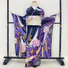 Furisode 6-piece set Japanese Kimono Purple Classic floral Free shipping S-183