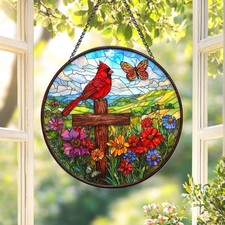 Stained Glass Cardinal Cross Window Hanging Decoration Round Memorial