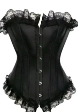 Black Satin Corset Top with Lace Ruffles