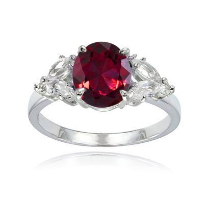 Sterling Silver Created Ruby and White Topaz Oval Ring