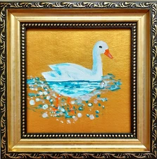 White Goose Painting Original Miniature Geese Artwork Bird picture Golden FRAMED