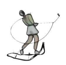 Vintage Stained Glass Suncatcher Golfing Ornament Art Leaded Handmade Woman Lady