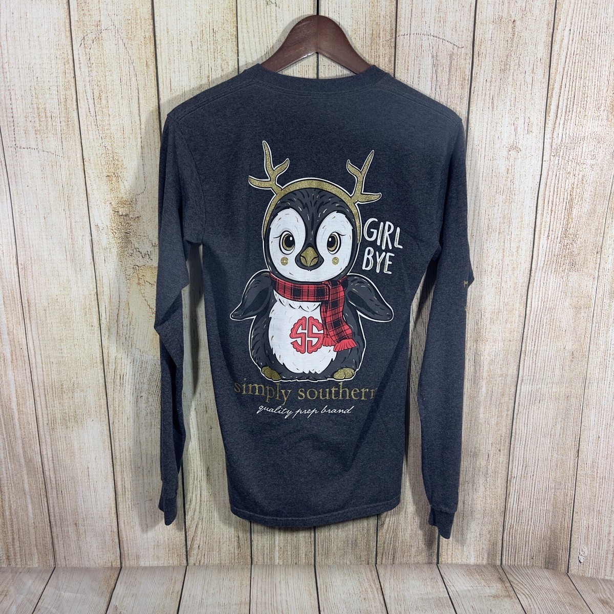 Simply Southern Women’s Girl Bye Penguin Christmas Long Sleeve Top Sz S Gray