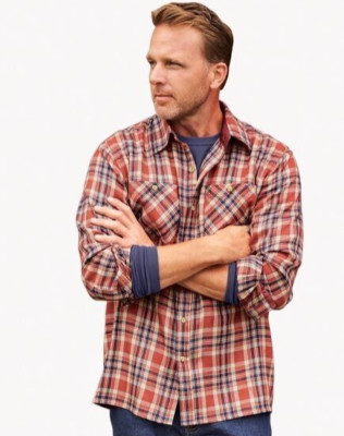 John Blair Men's Large Brick Brown Plaid Acrylic Flannel Button Long Slv Shirt