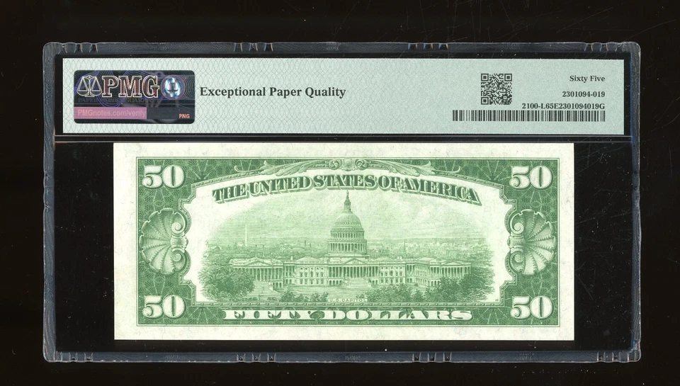 DBR 1928 $50 San Francisco Numeral Gem Fr. 2100-L PMG 65 EPQ Serial L00417049A - Image 2 of 2