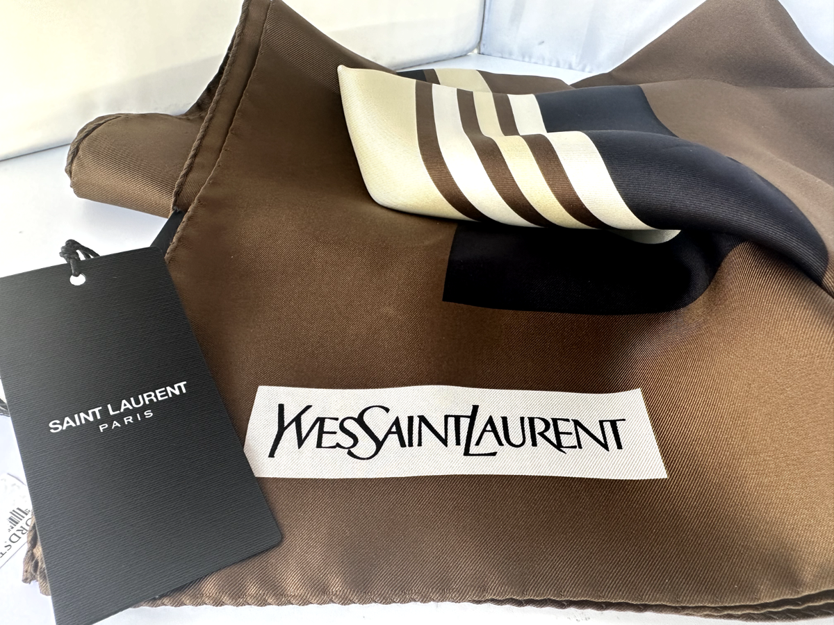 SAINT LAURENT ラバリエ スカーフ New Saint Laurent Paris Scarf Stripe Silk Brown YSL Women's