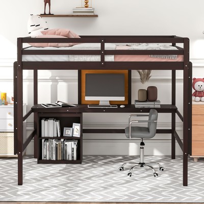 Full Loft Bed w/Desk Writing Board Wooden Loft Bed w/Desk 2 Drawers Cabinet 4AAP