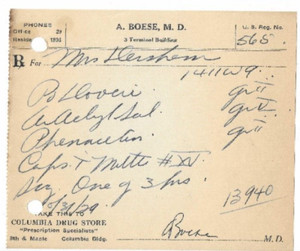 1920's Prescription, A. Boerse, MD, Coffeyville, Kansas, For Mrs. Dershem