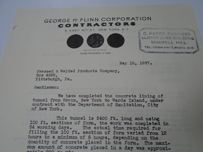 1950er Jahre KOPIE von NY BRONX TO WARS ISLAND TUNNEL Auftragnehmer Brief von 1937