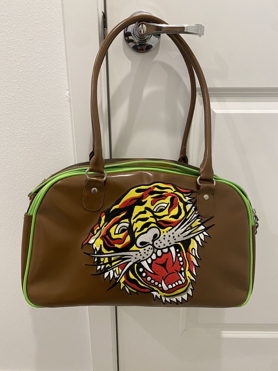 Ed Hardy Dog Carrier Brown W/Green Trim Bowling Style Tiger Image