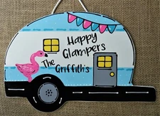 Personalize HAPPY GLAMPERS Flamingo CAMPER SIGN Camping Campsite Camp Plaque