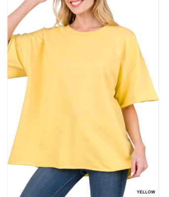 Zenana  2X French Terry Oversized Drop Shoulder Round Neck Raw Hem Tee Yellow