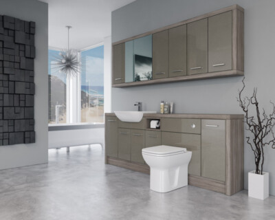 BAD EINBAUMÖBEL 2200 MM METALLIC LATTE GLANZ / TREIBHOLZ D2 MIT WAND U