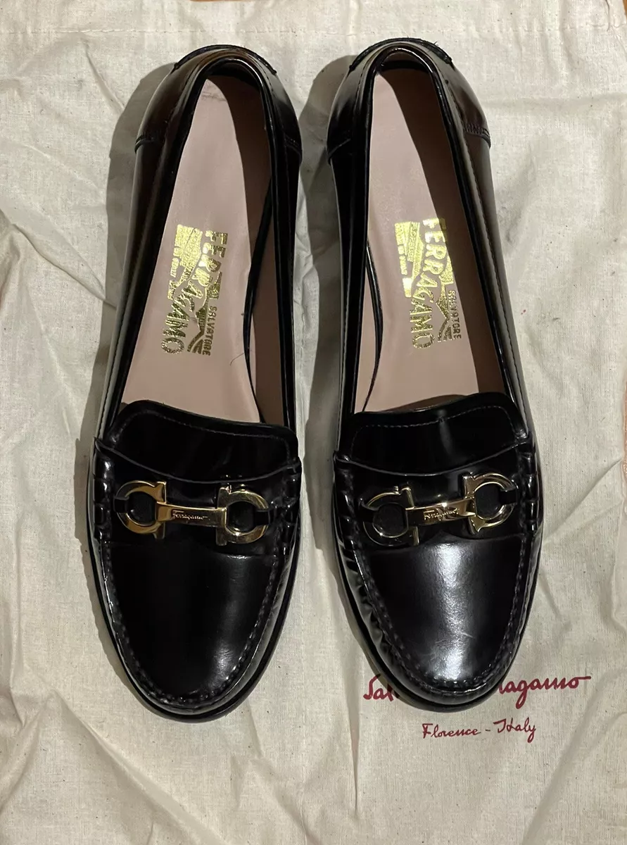 Salvatore Ferragamo Shoes Loafers Black Leather Gold Buckle Women