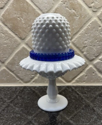 Fenton White & Blue 3 Piece Hobnail Footed Fairy Lamp Milk Glass Elegant