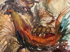 c1970s VINTAGE ORIGINAL OIL PAINTING ASIAN MAN HOLDING A ROOSTER — photo 5