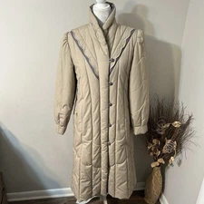 Vtg Mod Maid Womens Puffer Coat Beige Quilted Pocket Retro Full Zip Buttons Sz S