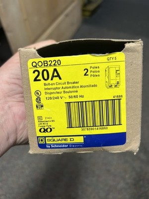 SQUARE D QOB220 Bolt-On Circuit Breakers - 20 AMP 2 POLE NEW BOX of 5 free ship