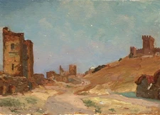 Summer Art Landscape Painting Old Town in Ruins, in the Mountains, 1981