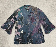 Citron Silk Art to Wear Floral Asian Mandarin Collar Button Up Blouse Women M/L