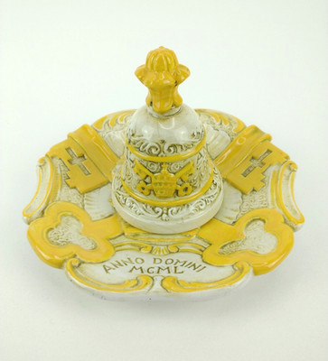 Vintage 1950 Holy See Vatican Papal Seal Ceramic Bell and Plate Set - Signed