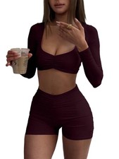 Two Piece Workout Sets for Women Long Sleeve Crop Top High Waist Scrunch Shor...