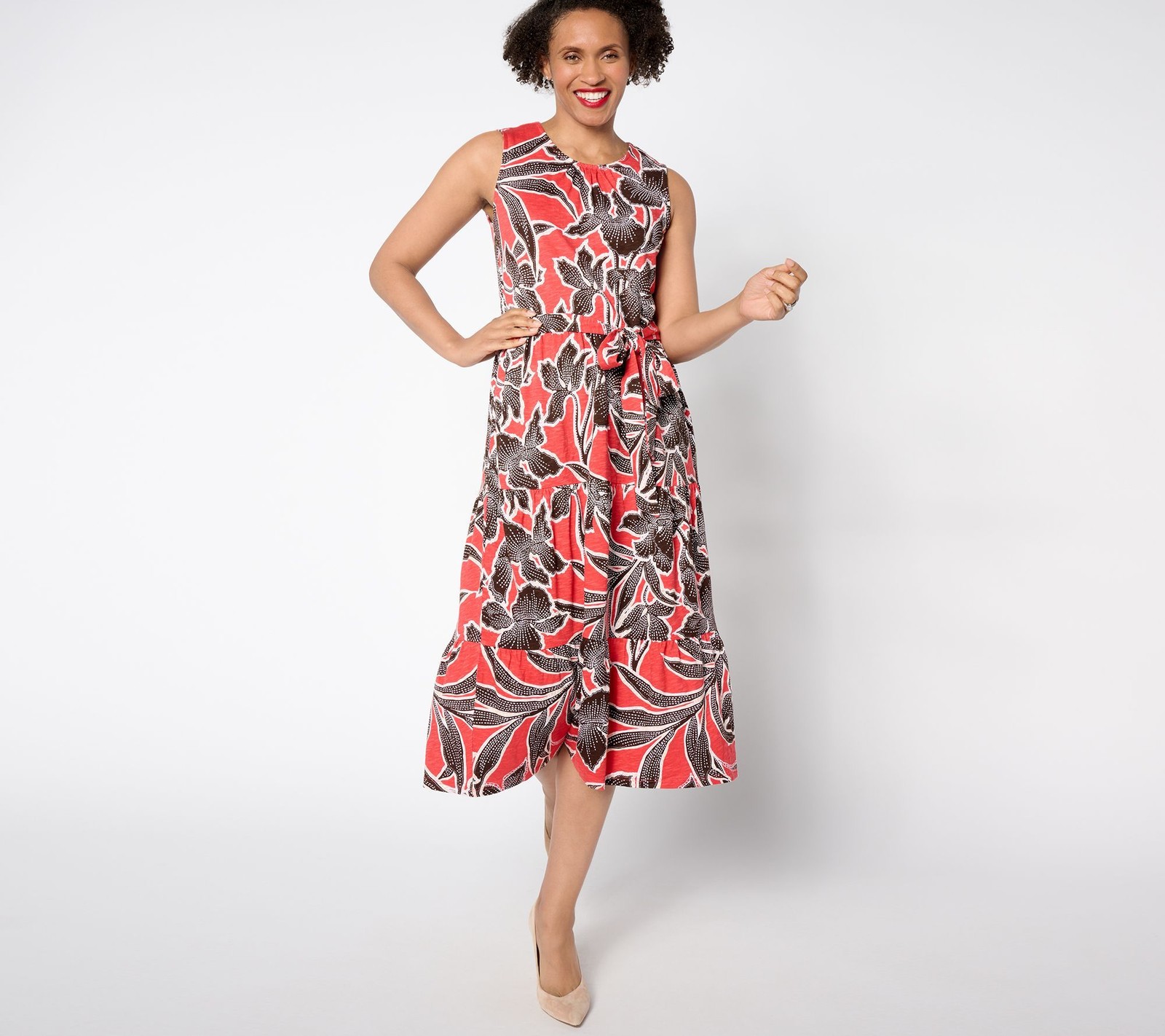 Denim & Co. Women's Petite Dress PS Slub Jersey Tiered Midi Multi-colored
