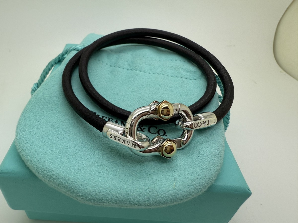 Tiffany Co Makers 1837 Sterling Silver 18K Gold Leather Cord Wrap