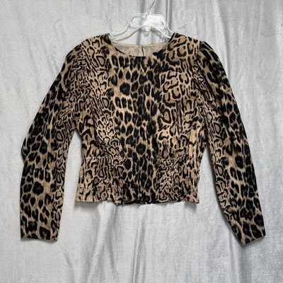 Express Blouse Womens Large Leopard Print Smocked Peplum Waist Long Sleeve