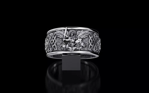 St Michael Archangel Band Ring, Archangel with Shield and Sword Silver mens Band