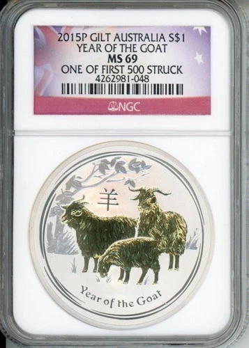 2015 ( 2015-P ) $1 S$1 AUSTRALIA GILDED GILT Lunar GOAT 1 Oz. SILVER NGC MS69 !!