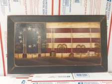 Painting Barn Folk Primitive Americana Wood Cass Frame Galion OH Patriotic Flag