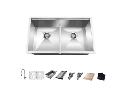 Glacier Bay Zero Radius 33 in Undermount 50/50 Double Bowl 18 Gauge Kitchen Sink