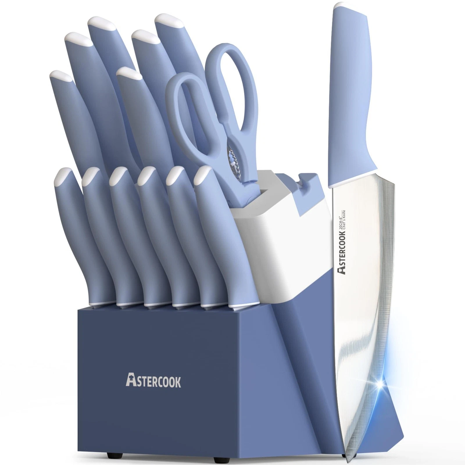 Astercook Kitchen Knife Set with Block and Sharpener 15 Piece German High Carbon
