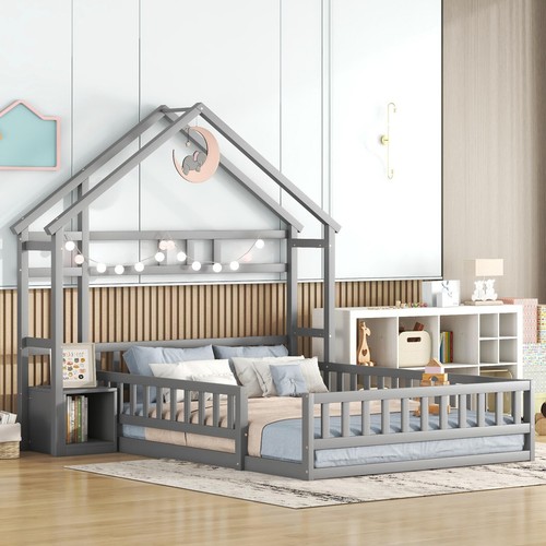 Bodenbett Doppelbett 140x200 Kinderbett Hausbett mit Nachttisch & Rausfallschutz - Bild 4 von 11
