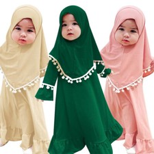 Kids Girls Muslim Kaftan Prayer Long Dress Khimar Hijab 2pcs Set Arab Islamic