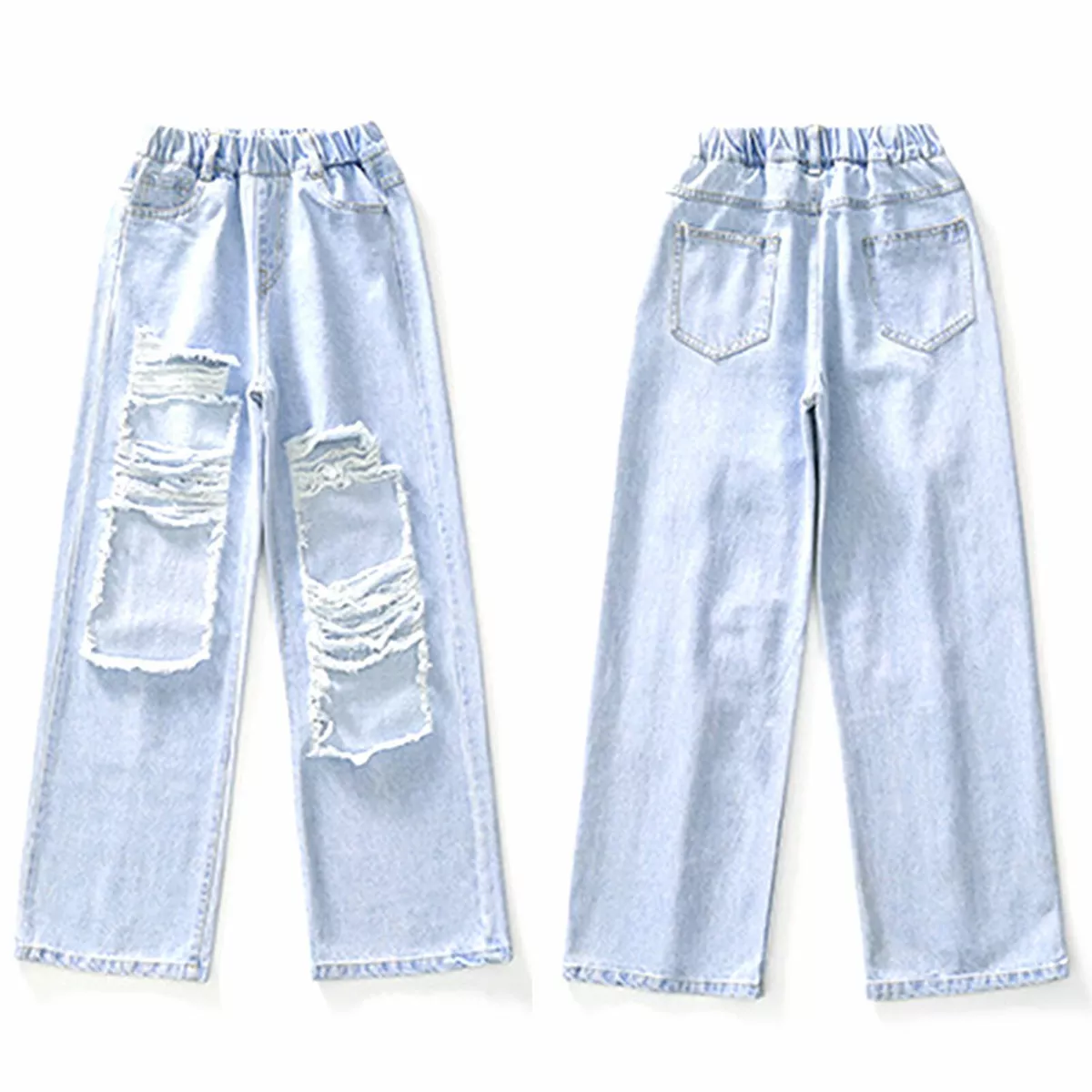 Kids Girls Casual Baggy Jeans Trousers Distressed Wide Leg Loose Ripped  Pants