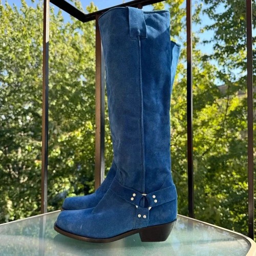 New Free People Lockhart Harness Boots Suede Knee High Tall Shoes Blue Sz 6 - Picture 9 of 15
