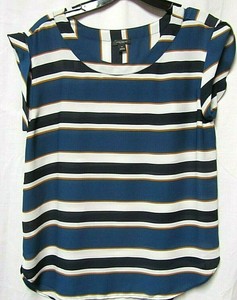 Ann Taylor Top Shirt Blouse Xs 0 2 Bust 36 37 Length 25 Navy Blue White Bronze Ebay